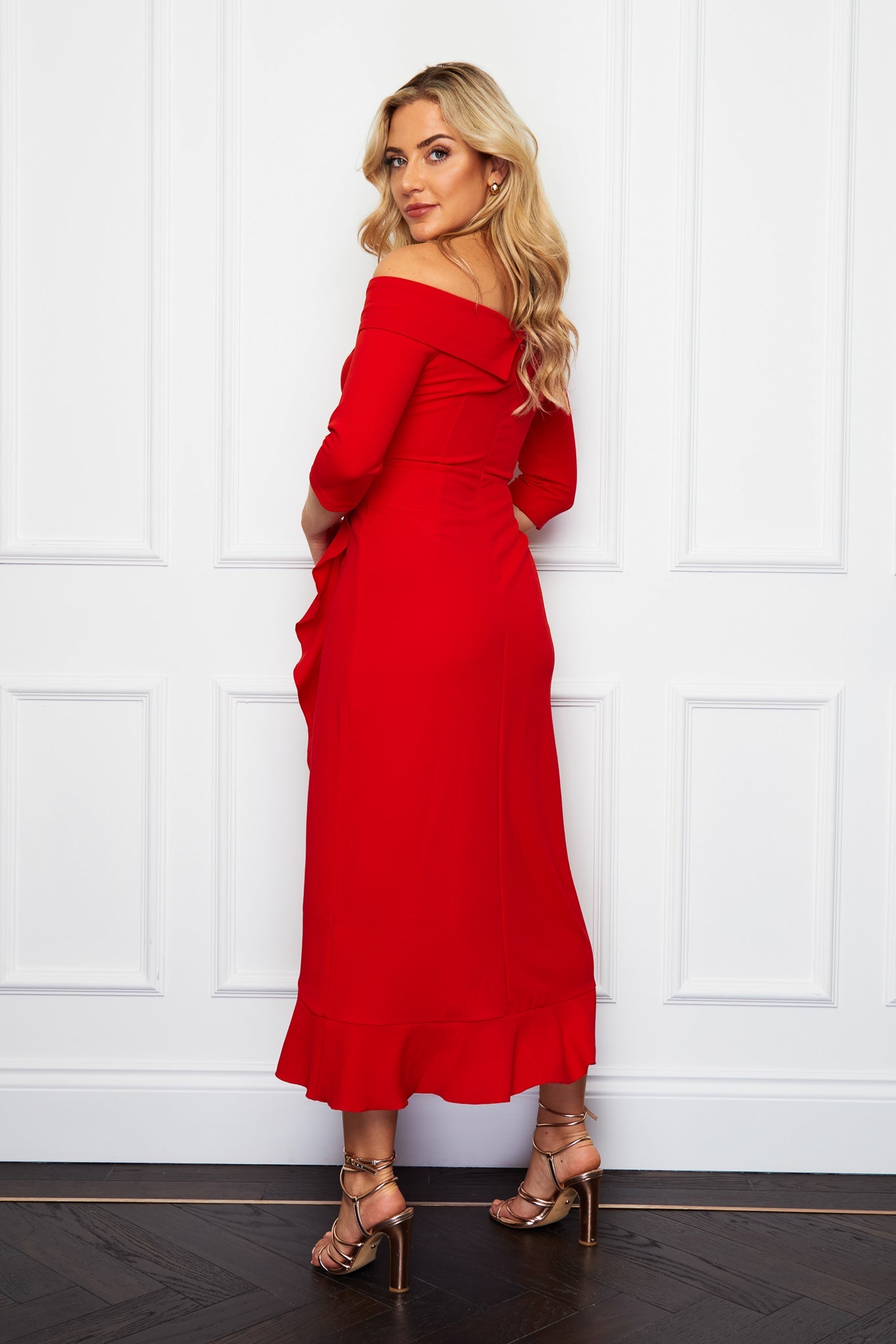 Heidi Bardot Midi Dress (Red)
