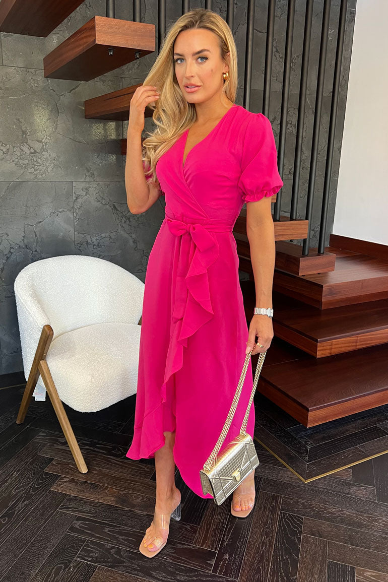 Leona Split Hem Frill Detail Maxi Dress (Pink)