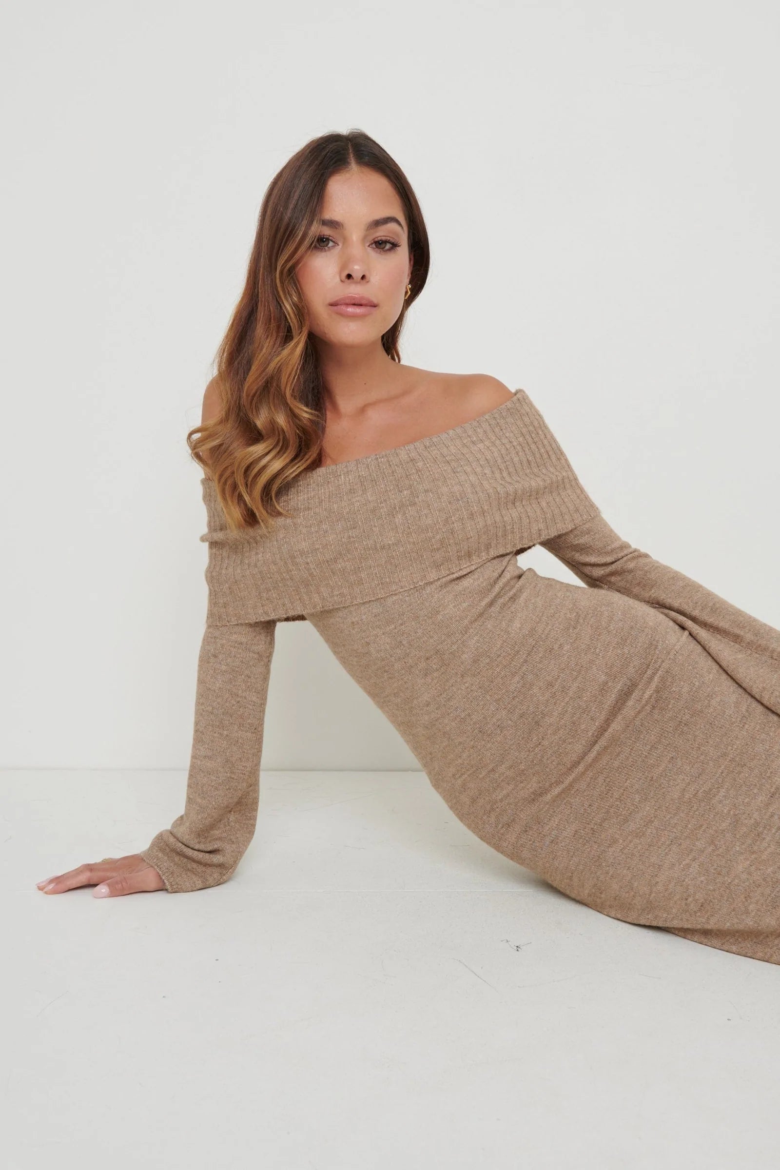 Soreya Bardot Knit Dress (Brown Marl)