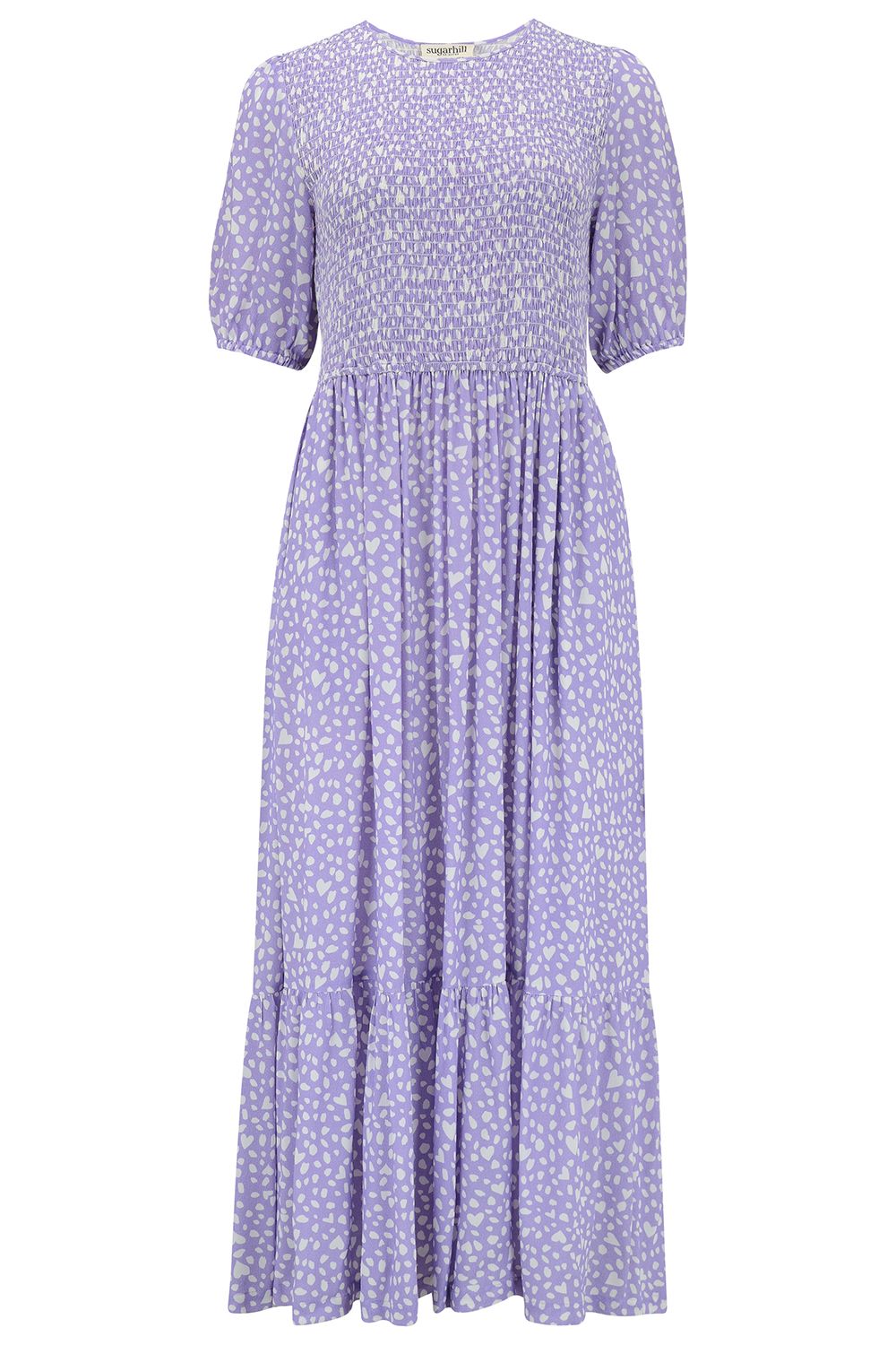Arabella Midi Shirred Dress - Animal Pastel Love Heart (Lilac)