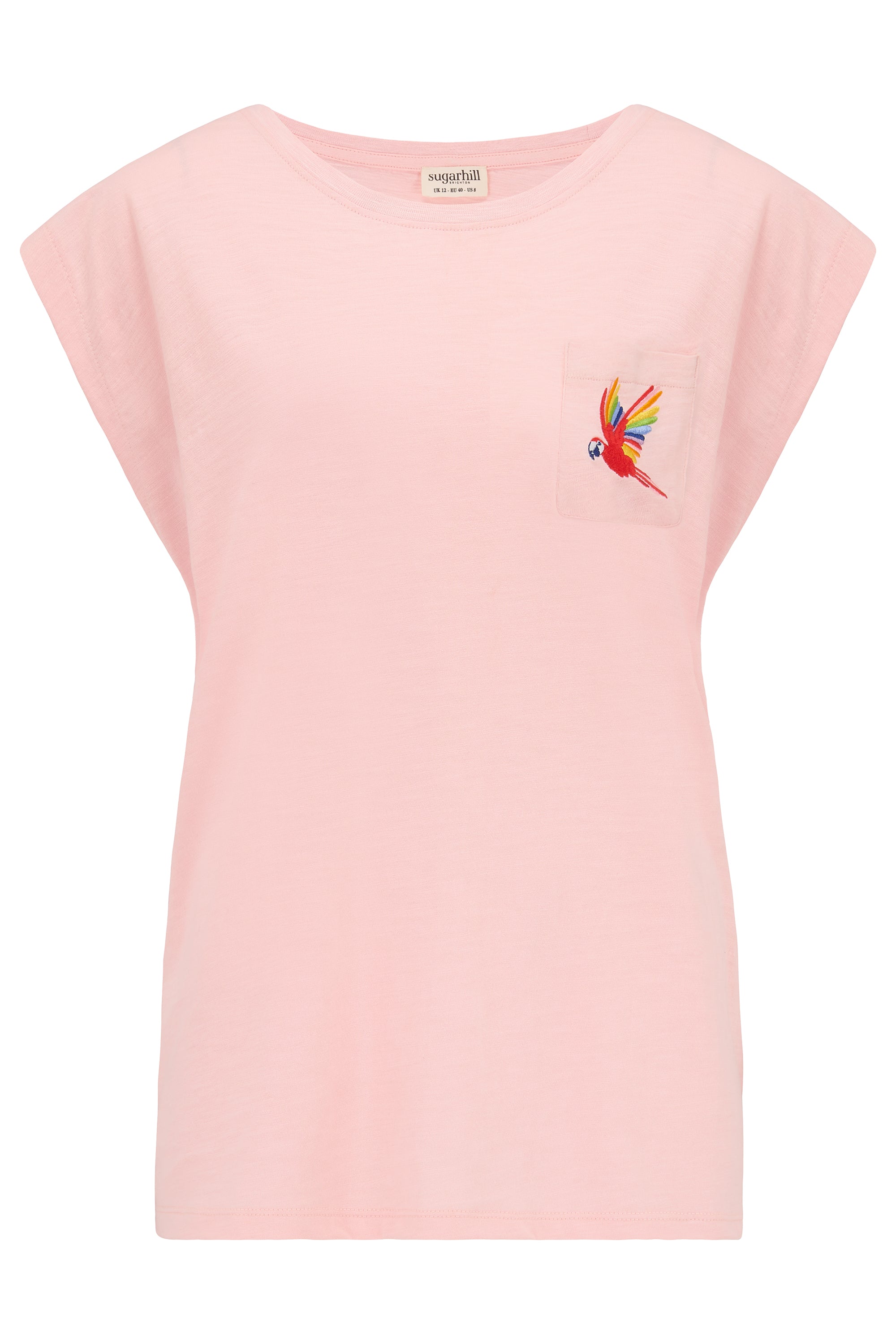 Chrissy Relaxed Tank T-Shirt - Pink, Rainbow Parrot Embroidery