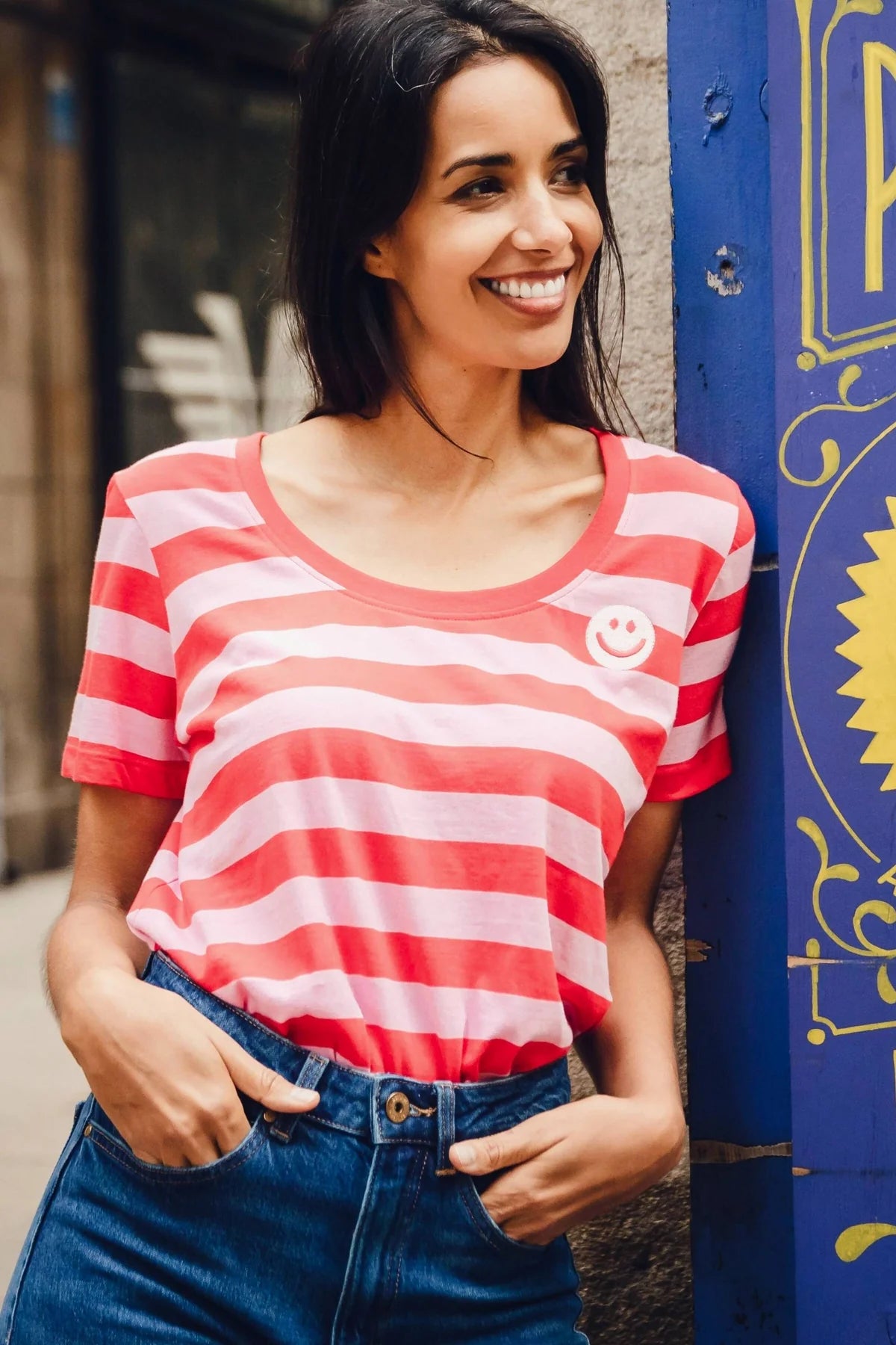 Sylvie Scoop Neck T-shirt - Pink/Red, Happy Stripes