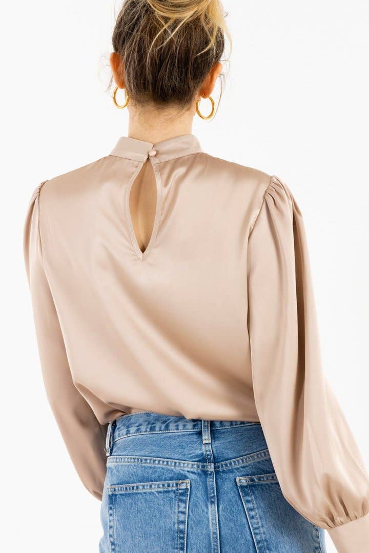 Brian Long Sleeve Satin Blouse (Dusty Pink)