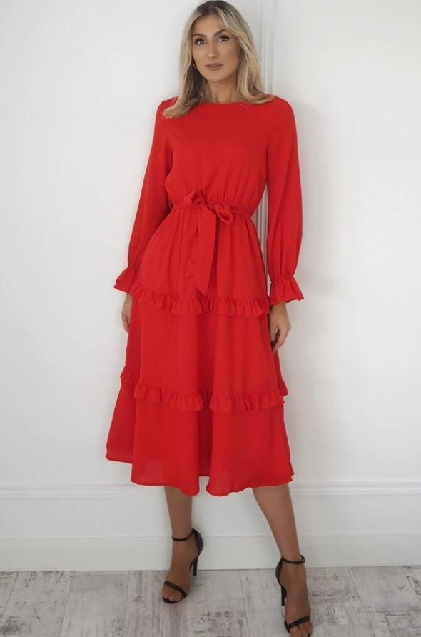 Anna Long Sleeve Midi Dress (Red)