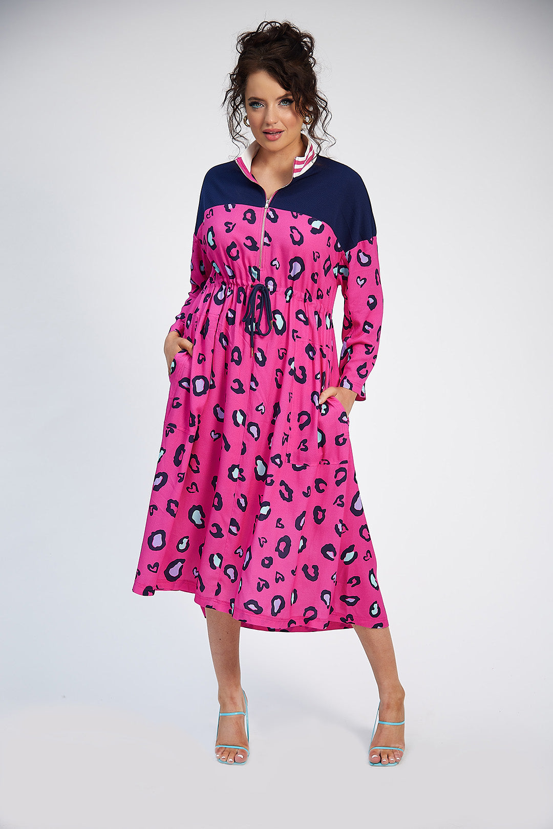 Katie Drawstring Dress (Pink Print/Navy)
