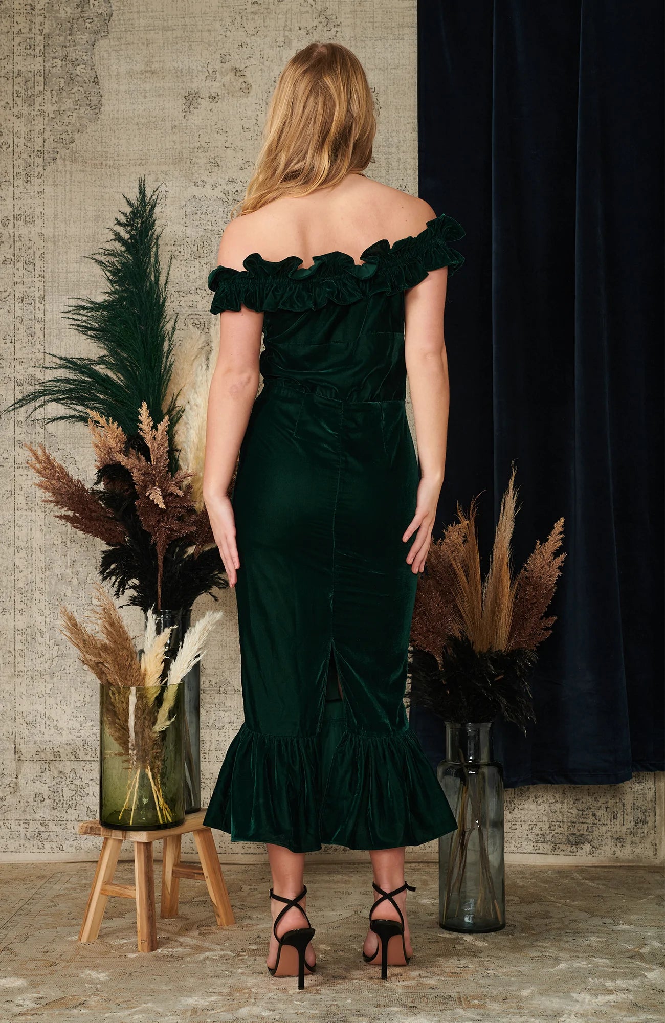 Eve Ruffle Velvet Bardot Midi Dress