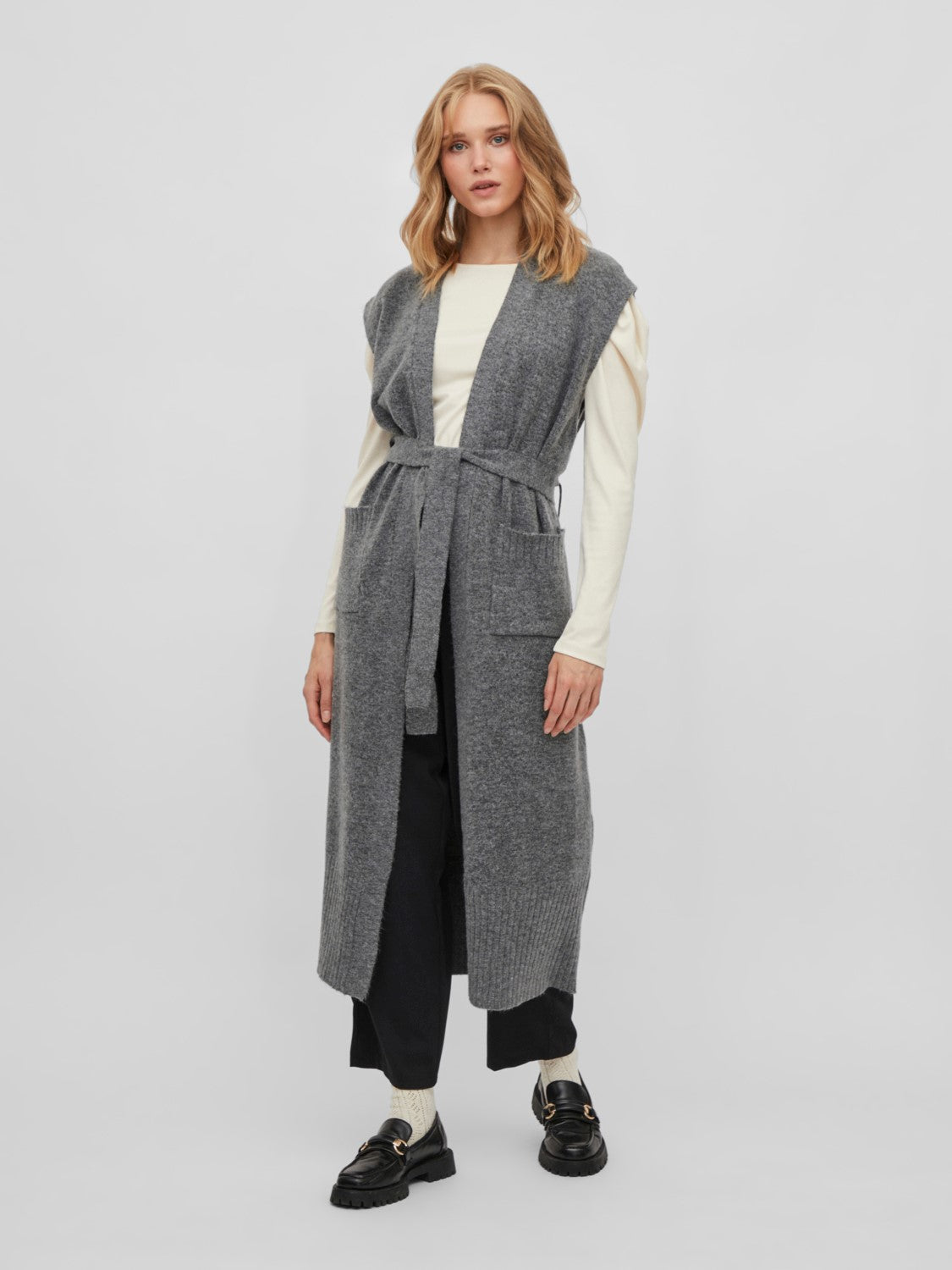Vicalia Belted Long Knit Vest (Medium Grey Melange)