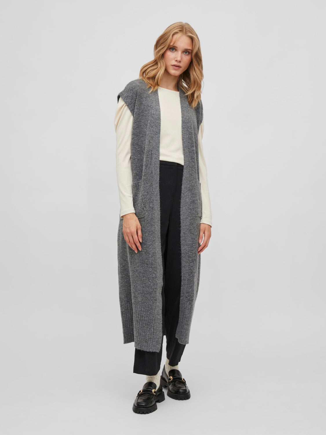 Vicalia Belted Long Knit Vest (Medium Grey Melange)